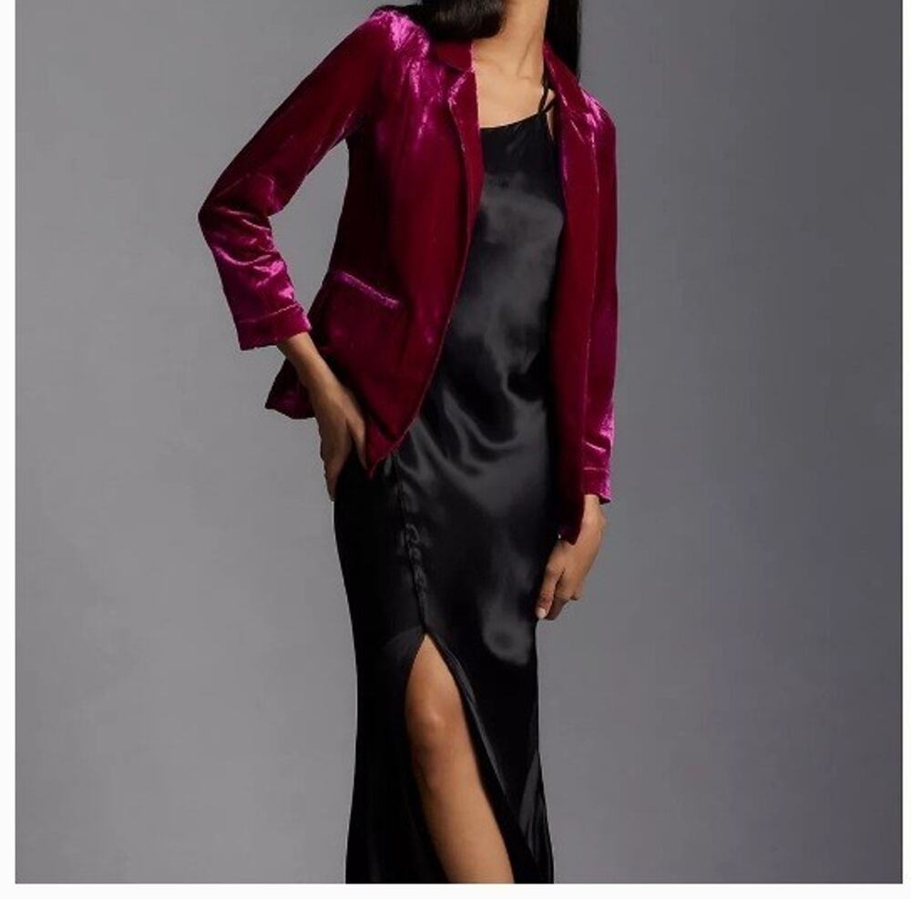Anthropologie Velvet Tulip Hem Blazer Jacket Raspberry Pink Open Front Sz M